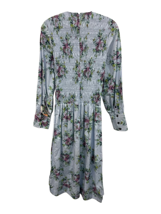 Ganni Size 32 Blue, Purple, Green Cotton Long puff sleeve Floral Print Dress Blue, Purple, Green / 32