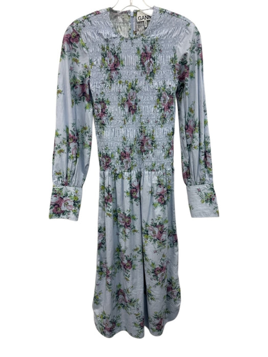 Ganni Size 32 Blue, Purple, Green Cotton Long puff sleeve Floral Print Dress Blue, Purple, Green / 32