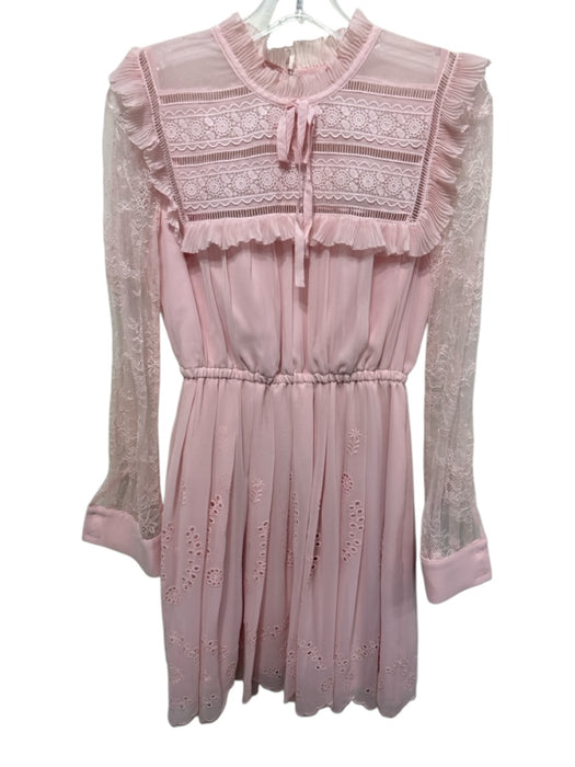 Self Portrait Size 4 Pink Polyester Floral Eyelet Lace Long Sleeves Mini Dress Pink / 4
