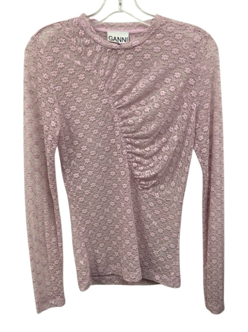 Ganni Size S Pink Poly Blend Lace Long Sleeve Ruched Top Pink / S