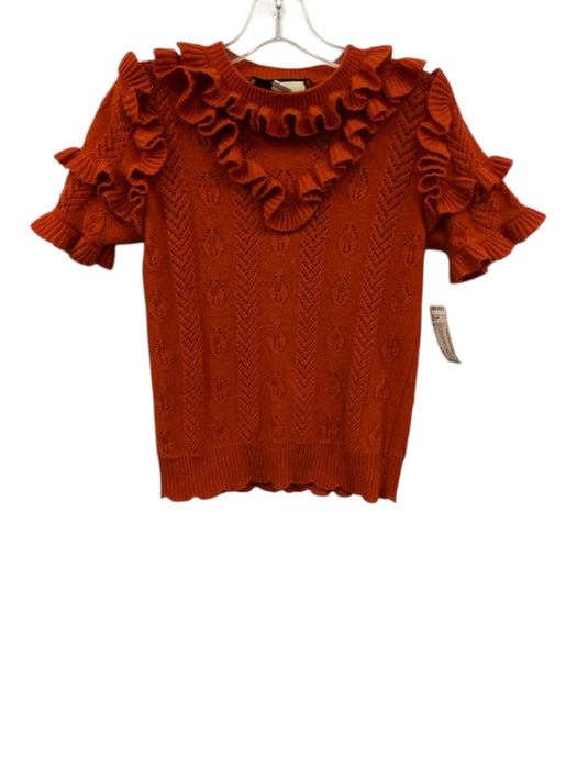 Gucci Size M Burnt Orange Wool Blend ruffles Short Sleeve Scalloped Edge Top Burnt Orange / M