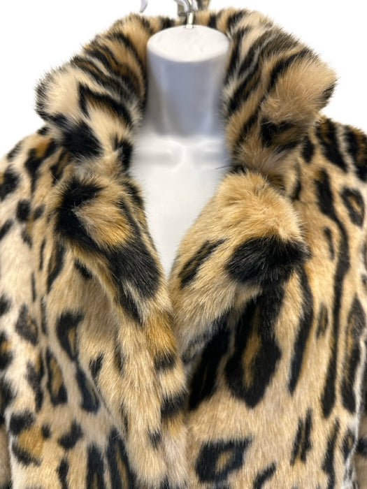 MME. Mink Size Small Brown & Black Polyester Blend Faux Fur Leopard Lapel Coat Brown & Black / Small