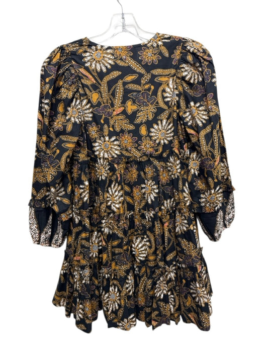 Cleobella Size S Black, Gold & Multi Cotton Long Sleeve V Neck Pleats Dress Black, Gold & Multi / S