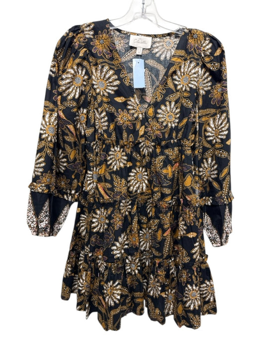 Cleobella Size S Black, Gold & Multi Cotton Long Sleeve V Neck Pleats Dress Black, Gold & Multi / S