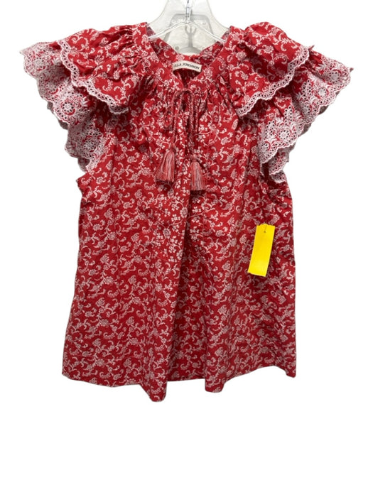 Ulla Johnson Size 2 Red & White Cotton Short Sleeve Floral V Neck Neck Tie Top Red & White / 2
