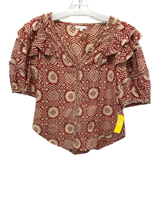 Anna Cate Size M Orange & cream Cotton Short Balloon Sleeve Geometric V Neck Top Orange & cream / M