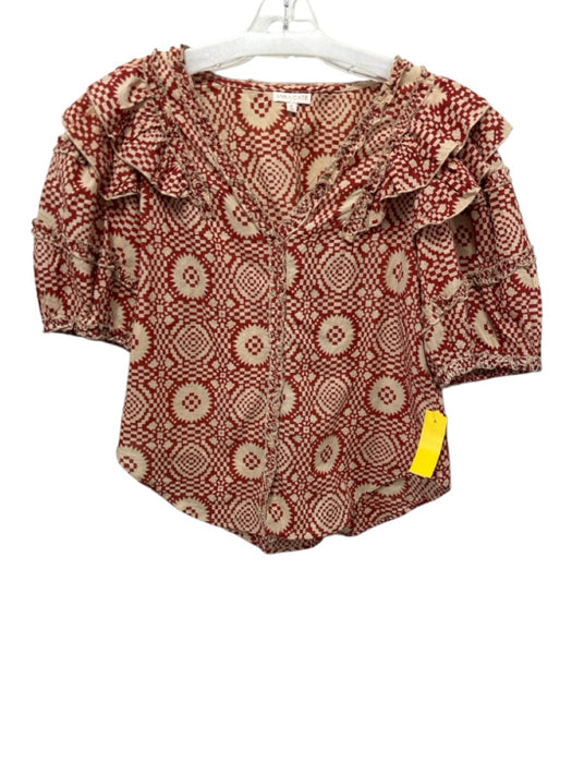 Anna Cate Size M Orange & cream Cotton Short Balloon Sleeve Geometric V Neck Top Orange & cream / M