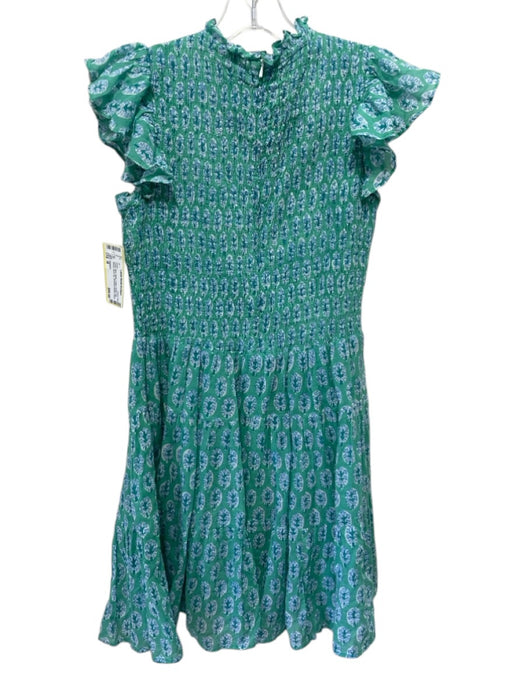 Oliphant Size M Green, Blue, White Cotton Ruffle Cap Sleeve Back Zip Dress Green, Blue, White / M