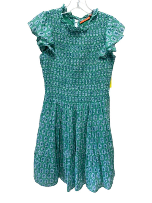 Oliphant Size M Green, Blue, White Cotton Ruffle Cap Sleeve Back Zip Dress Green, Blue, White / M