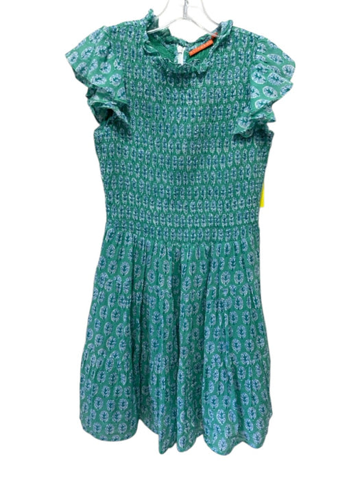 Oliphant Size M Green, Blue, White Cotton Ruffle Cap Sleeve Back Zip Dress Green, Blue, White / M