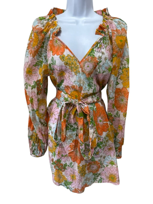 Gilner Farrar Size S White, Pink, Multi V Neck Long Sleeve Floral Sheer Dress White, Pink, Multi / S