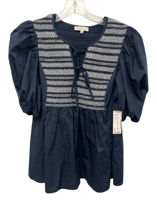 Moon River Size S Navy Blue & White Cotton 1/2 Puff Sleeve Tie V Neck Top Navy Blue & White / S