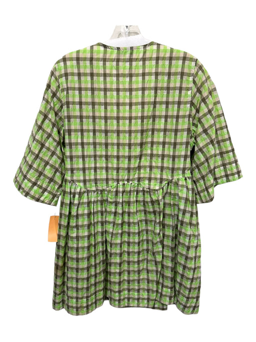 Ganni Size S/M Green & Beige Cotton & Polyester Checkered Short Sleeve Dress Green & Beige / S/M