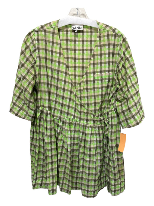 Ganni Size S/M Green & Beige Cotton & Polyester Checkered Short Sleeve Dress Green & Beige / S/M