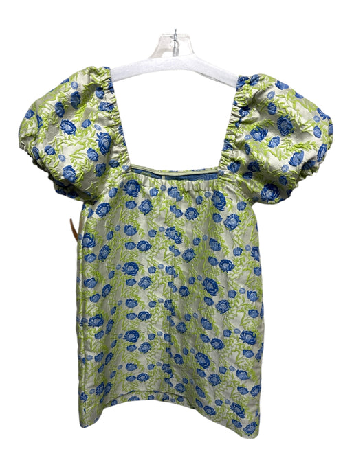 Ganni Size 36 Silver, Green, Blue Polyester Short Puff Sleeve Floral Mini Dress Silver, Green, Blue / 36