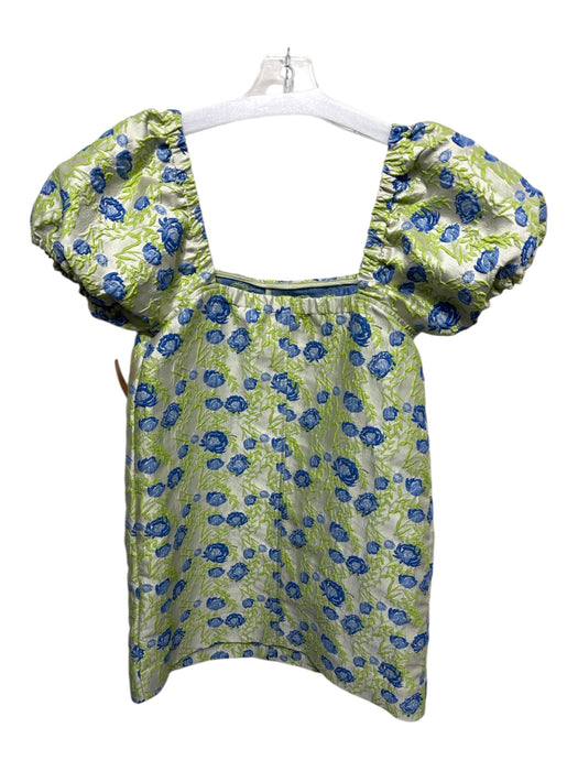 Ganni Size 36 Silver, Green, Blue Polyester Short Puff Sleeve Floral Mini Dress Silver, Green, Blue / 36