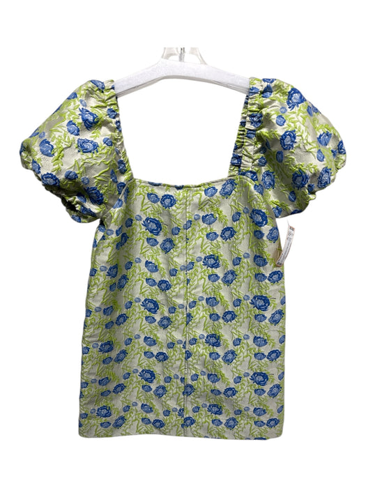 Ganni Size 36 Silver, Green, Blue Polyester Short Puff Sleeve Floral Mini Dress Silver, Green, Blue / 36
