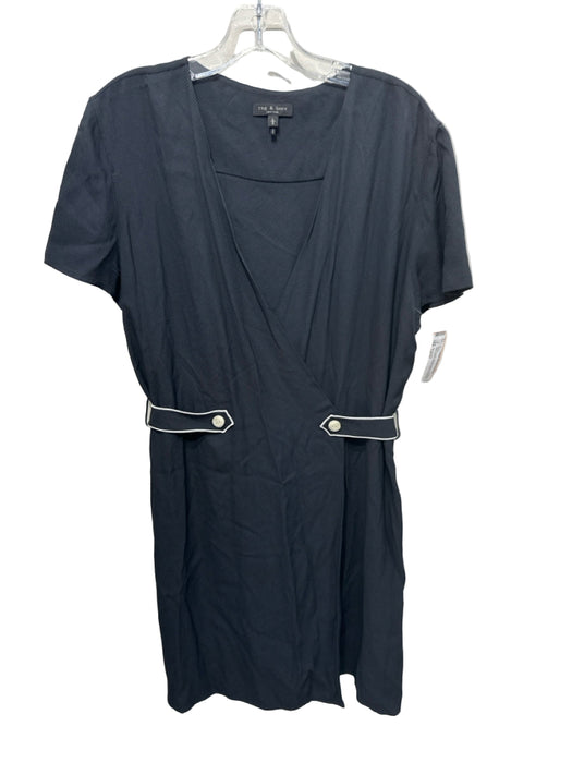 Rag & Bone Size Large Navy & white Viscose Ribbed Surplice Short Sleeve Dress