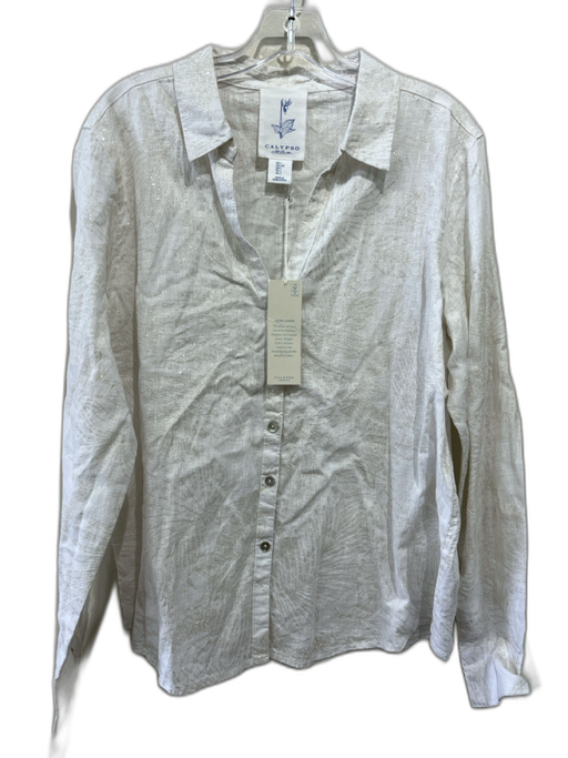 Calypso St. Barth Size L White & Silver Linen Metallic Thread Long Sleeve Top White & Silver / L