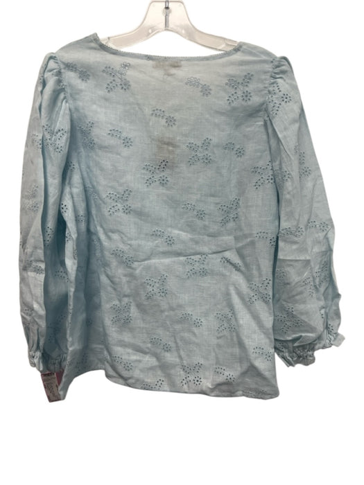Ann Mashburn Size Large Light Blue Linen Long Sleeve Floral Eyelet V Neck Top Light Blue / Large
