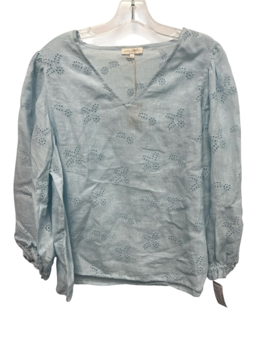 Ann Mashburn Size Large Light Blue Linen Long Sleeve Floral Eyelet V Neck Top Light Blue / Large