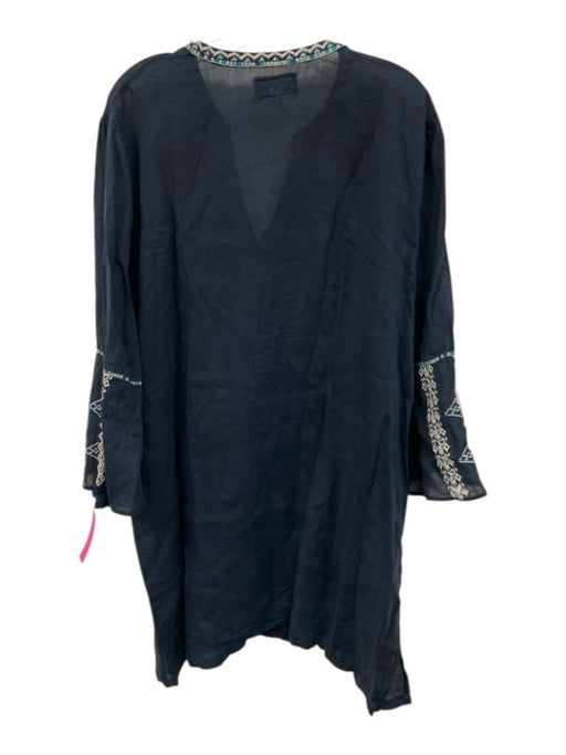 Johnny Was Workshop Size XL navy blue & multi Ramie Long Bell Sleeve Dress navy blue & multi / XL