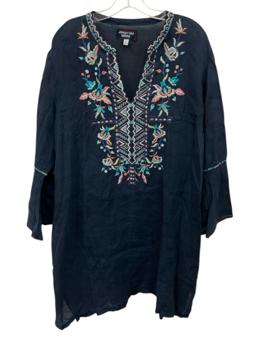 Johnny Was Workshop Size XL navy blue & multi Ramie Long Bell Sleeve Dress navy blue & multi / XL