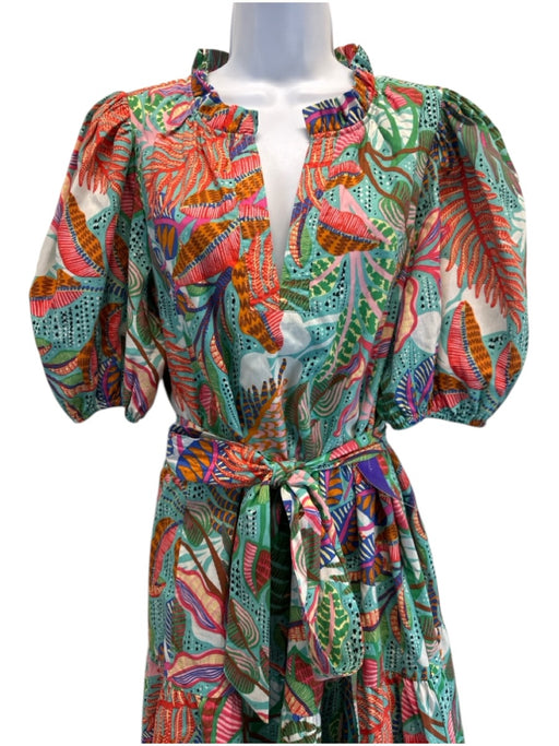 Vince Camuto Size 12 Blue & Multi Cotton Blend Short Puff Sleeve Midi Dress Blue & Multi / 12