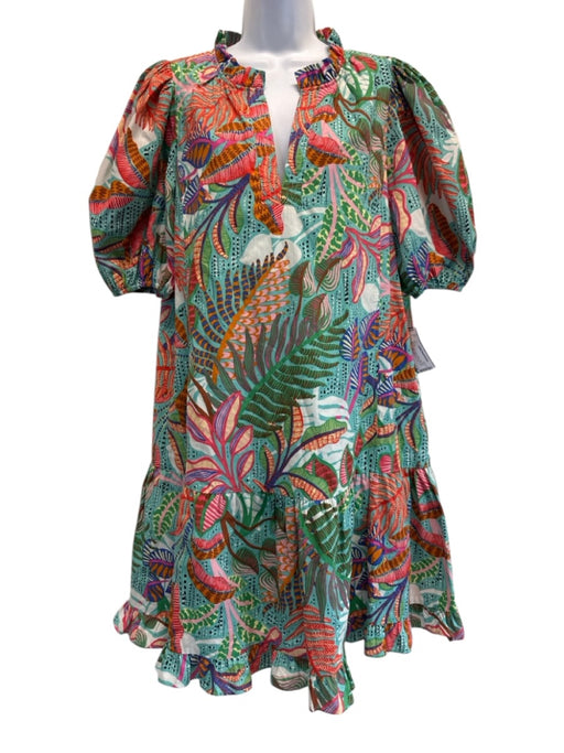 Vince Camuto Size 12 Blue & Multi Cotton Blend Short Puff Sleeve Midi Dress Blue & Multi / 12