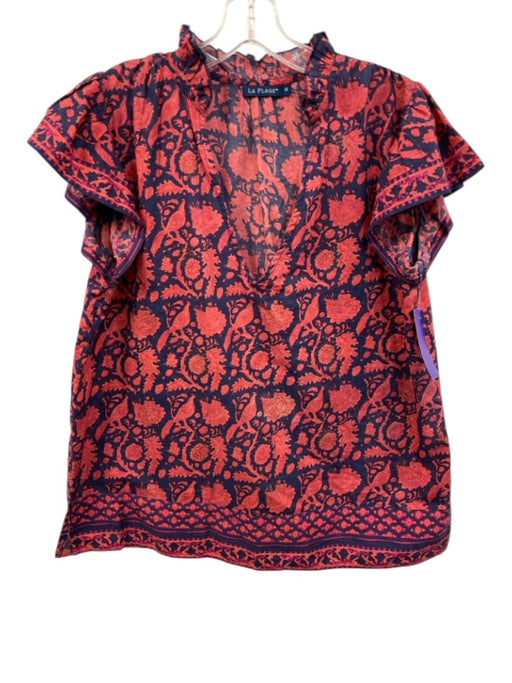 La Plage Size M Navy & Red Cotton V Neck Ruffle Cap Sleeve Floral Top Navy & Red / M