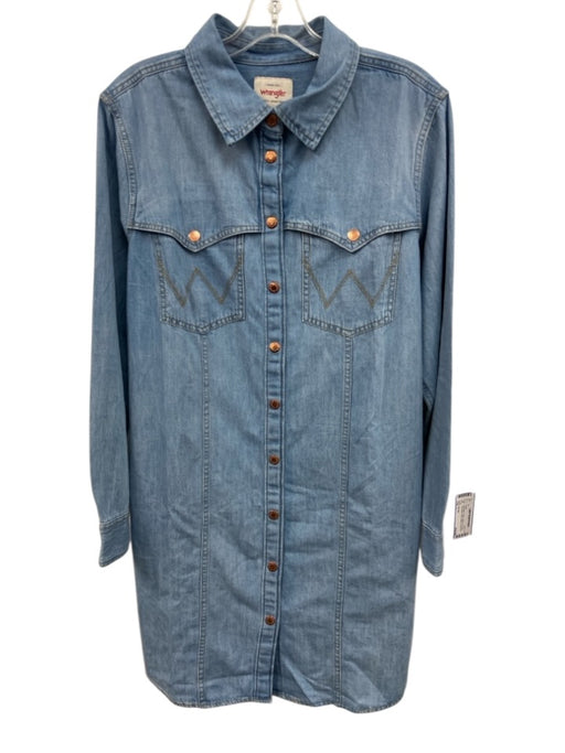 Wrangler Size L Light Wash Cotton Button Up Denim Long Sleeve Midi Dress Light Wash / L