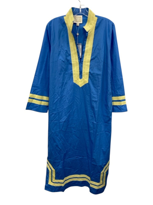 Sail To Sable Size L Blue & Yellow Cotton Caftan Maxi Embroidered Design Dress Blue & Yellow / L