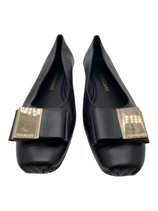 Ferragamo Shoe Size 9.5 Black Leather GHW Bow Detail Square Toe Slip On Flats Black / 9.5