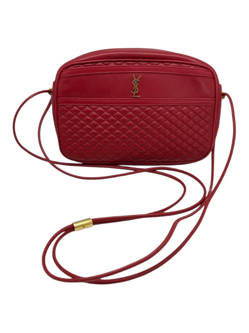 Saint Laurent Red Leather Quilted Gold Tone Logo Zip Top Crossbody Bag Red
