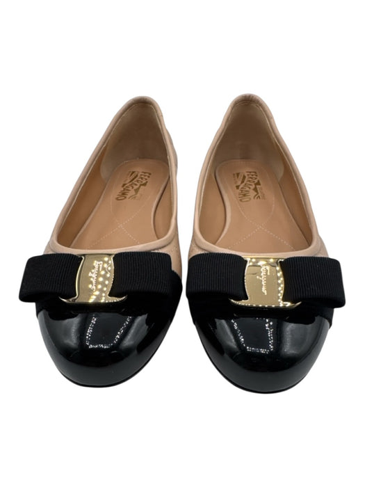 Salvatore Ferragamo Shoe Size 9 Beige & Black Leather Quilted Patent Toe Flats Beige & Black / 9