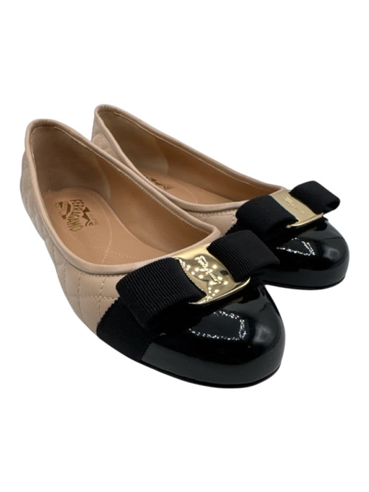 Salvatore Ferragamo Shoe Size 9 Beige & Black Leather Quilted Patent Toe Flats Beige & Black / 9