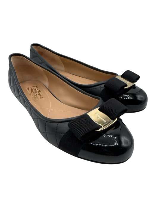 Salvatore Ferragamo Shoe Size 9 Black Leather Quilted Patent Toe Flats Black / 9