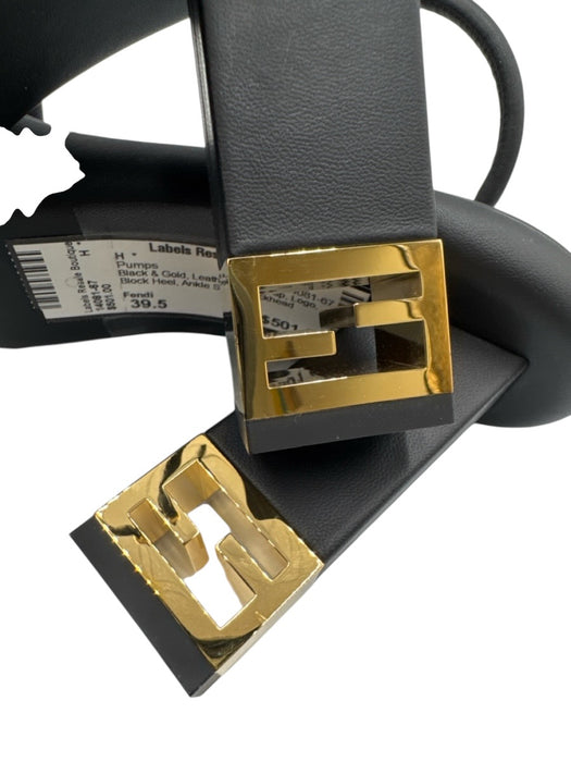 Fendi Shoe Size 39.5 Black & Gold Leather Toe Strap Logo Block Heel Pumps Black & Gold / 39.5