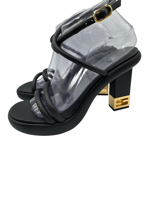 Fendi Shoe Size 39.5 Black & Gold Leather Toe Strap Logo Block Heel Pumps Black & Gold / 39.5