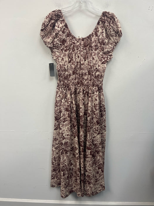 Doen Size M Cream White & Brown Viscose Blend Botanical Print Gathered Dress
