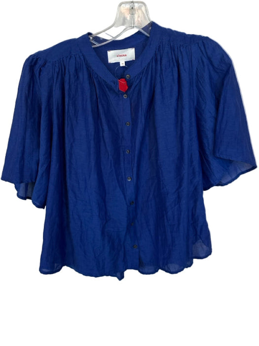 XiRENA Size XS Cobalt Blue Cotton & Silk Short Sleeve Button Down Top