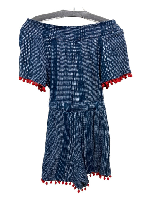 THML Size XS Blue & Red Cotton Off Shoulder Embroidered Tassel Pom Pom Romper Blue & Red / XS