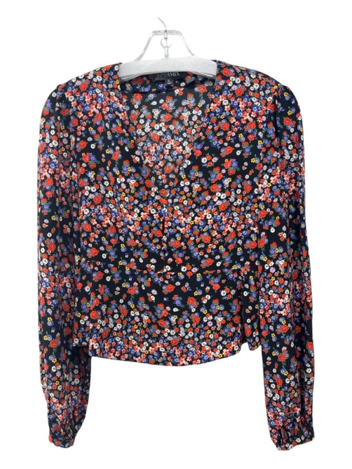 Intermix Size 0 Black & Multi Silk Long Sleeve Floral Cut Outs V Neck Top Black & Multi / 0