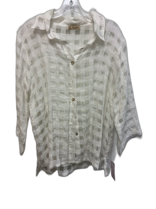 Puro Lino Size Small White Linen Long Sleeve Checkered Button Front Sheer Top White / Small