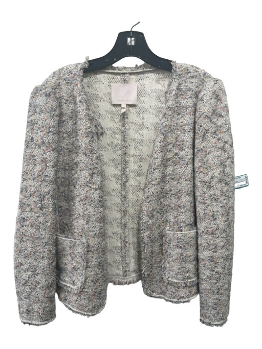 Rebecca Taylor Size 8 Cream & Multi Cotton Blend Tweed Raw Hem Hook Front Jacket Cream & Multi / 8