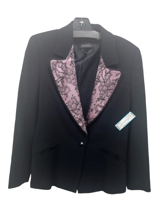 Escada Size 38 Black & Pink Wool Blend Lace Lapel Blazer Shoulder Pads Jacket Black & Pink / 38