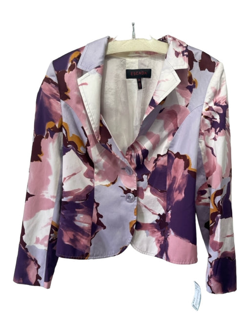 Escada Size 38 White Pink Purple Cotton Abstract Floral Blazer 2 Button Jacket White Pink Purple / 38