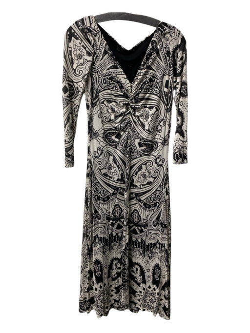 Etro Size 46 Black & Cream Missing Fabric Tag V Neck 3/4 Sleeve Midi Dress Black & Cream / 46