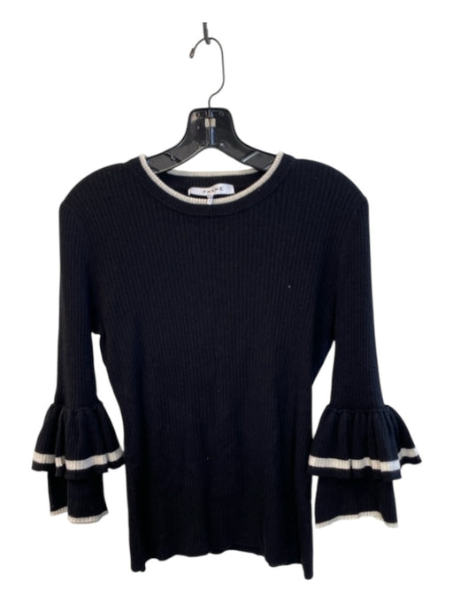 Frame Size M Black & White Wool Blend Round Neck Long Sleeve Ruffle Cuff Top Black & White / M