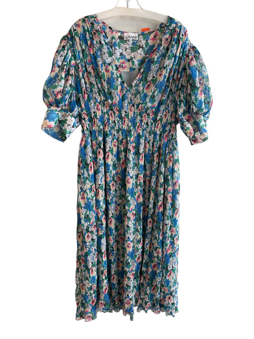 Ganni Size 38 Blue Pink & Multi Polyester V Neck Short Sleeve Maxi Dress Blue Pink & Multi / 38